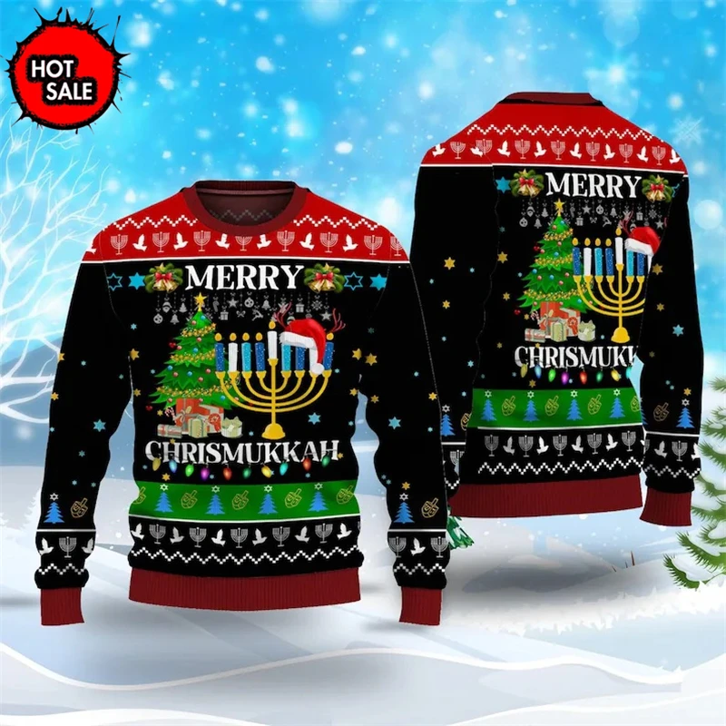 New Hanukkah 3D Printed Christmas Sweater Men Clothes Casual Women Pullover Hoodies Merry Christmas Personality Sweatshirts Tops