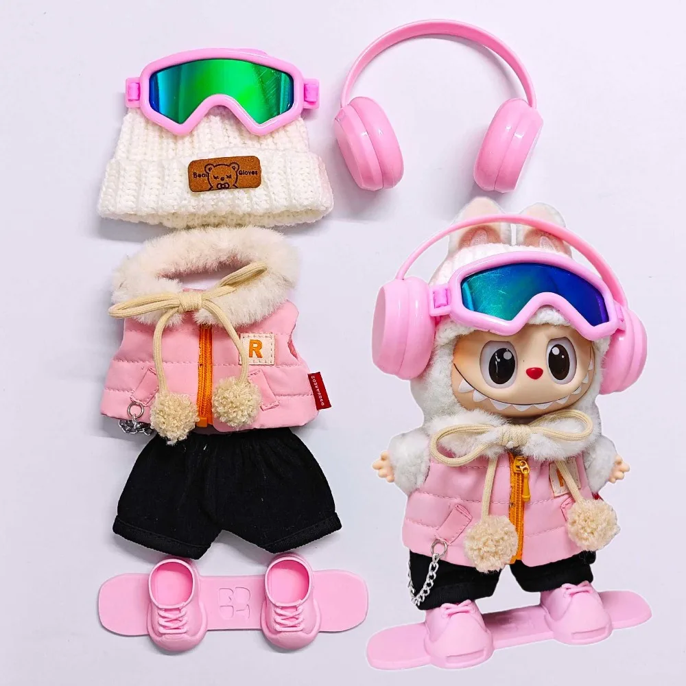 

7Pcs 1Set 17CM Labubu Doll Clothes Ski Glasses Earphone Set Dress Up Dolls Accessories Sitting Party Game Christmas Gift Toys