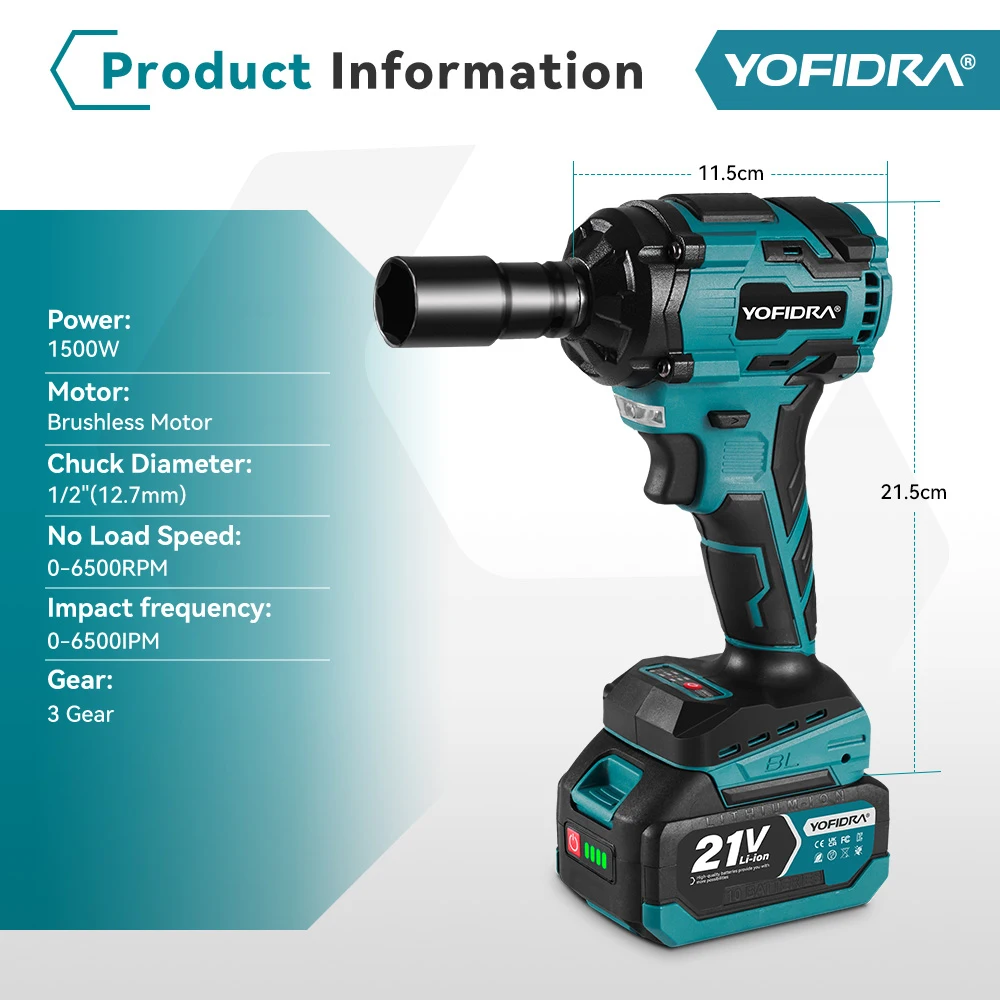 YOFIDRA 1000N.m Brushless Electric Impact Wrench 3 Gears 1/2 inch Cordless Electric Screwdriver Drill For Makita 21V Battery Pin