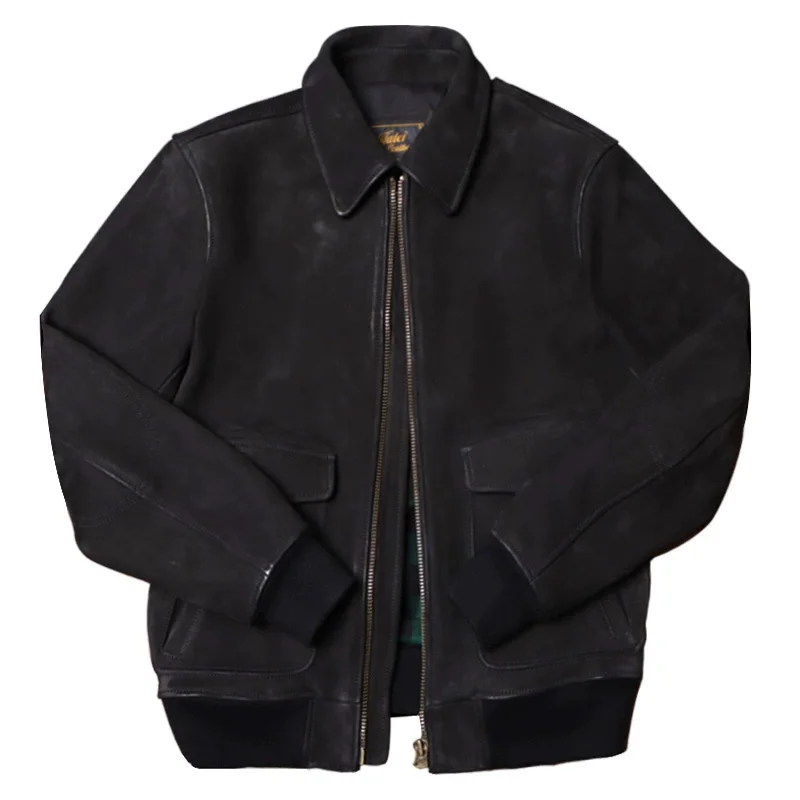 Men's Genuine Sheepskin Suede Leather Tanker Jacket Black Military Style Zip Front Patch Pockets Rib Knit Hem Army Coat