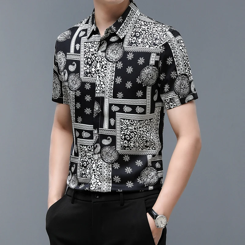 High Quality Mens New Silk Clothing Summer Fashion Printing Tops Short Sleeve Blouse Male Soft Silk Dress Shirts