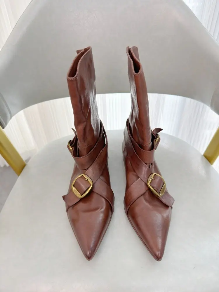 Vintage Women Cross Strap Buckle Pointed Toe Horsehide Genuine Leather Ankle Boots Punk Style New Modern Shoes Motorcycle Boots