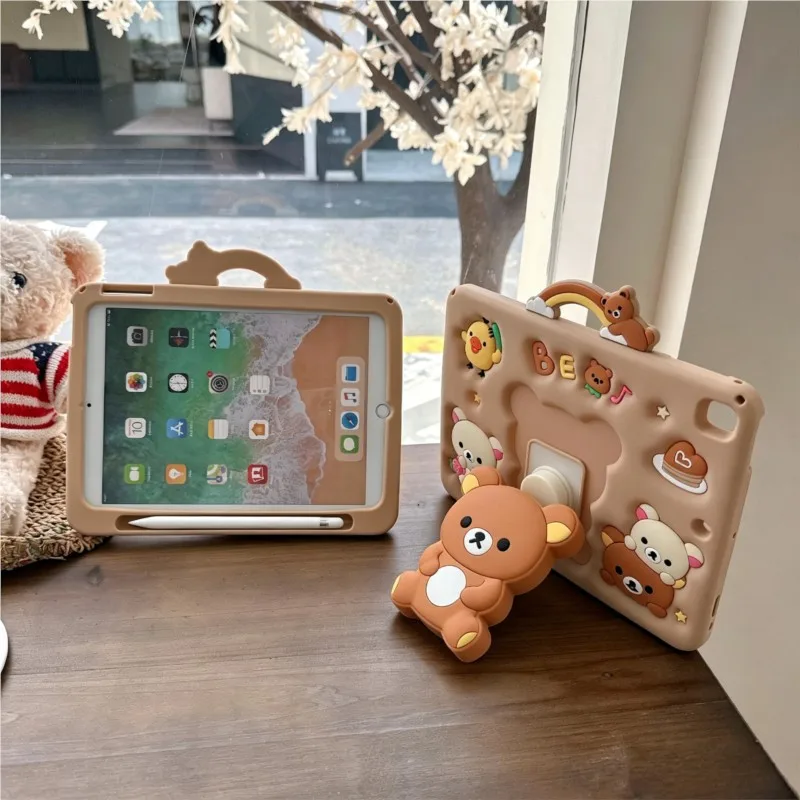 3D Cartoon Cute Bear Kids Tablet Case Silicone Shockproof Strap for iPad 5 6 7 8th 9th Air 1 2 3 Pro 9.7