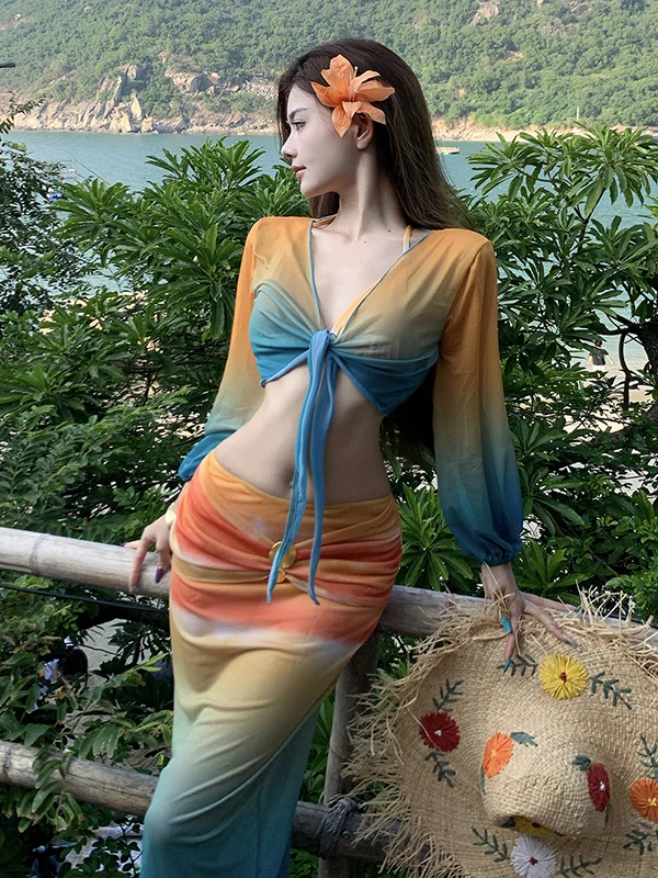 

Сексуальный комплект бикини из четырех предметов с градиентным цветом и длинными рукавами, женский купальник для похудения, для горячих источников, повседневный купальный костюм