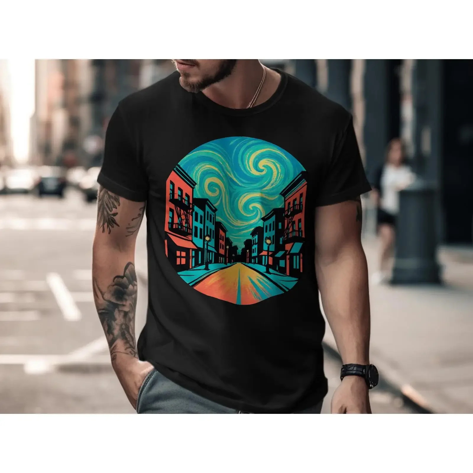 Starry Night City T Shirt SweaT and Art Inspired Urban Landscape vintage Washed designer clothes Top For Everyday Wear