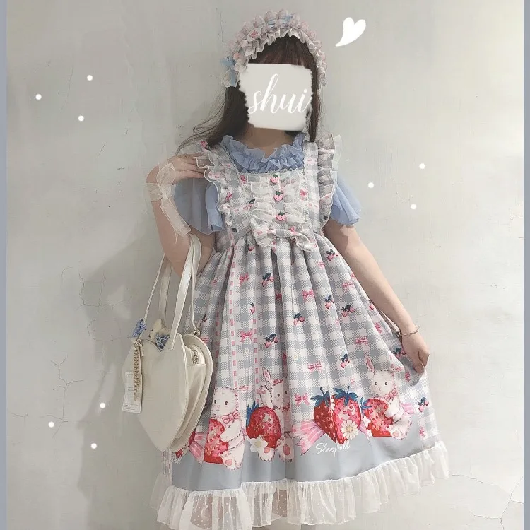 Sweet Strawberry Lolita Jsk Dress for Women Vintage Plaid Print Strap Dresses Y2k E-Girl Fungus Flying Sleeve Vestidos Mujer