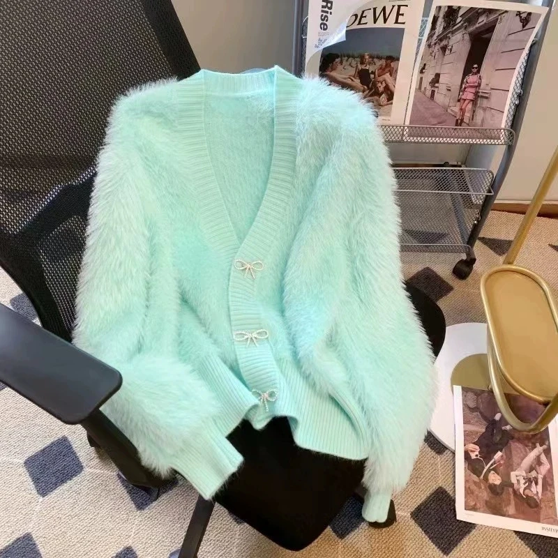 

2025 Spring Autumn Women's Sweater Cardigan Jacket New Loose V-neck Imitation Mink Fur Sweater Jacket Female Knitted Tops Coat