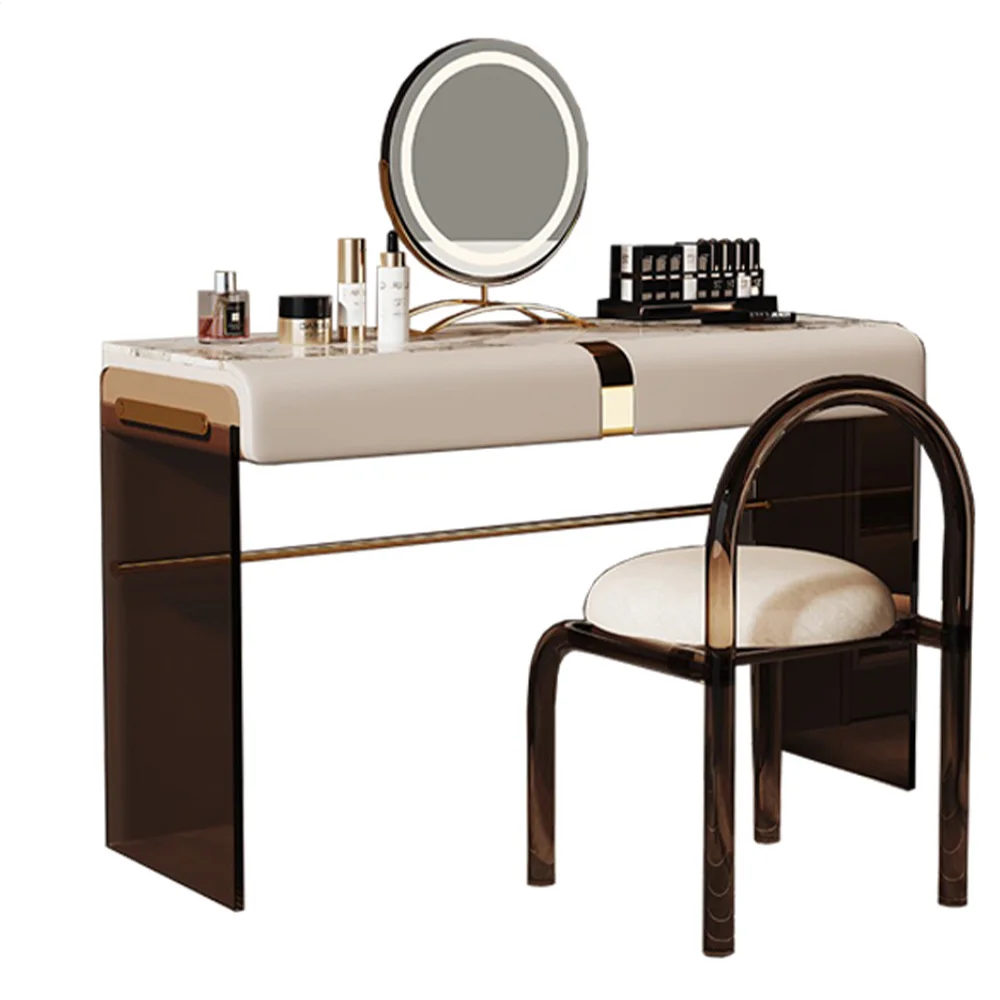 Acrylic Glass Dressing Table Metal Leg Marble Top Make Up Vanity With Led Light Makeup Mirror