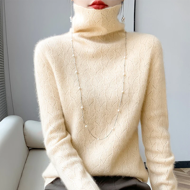 Autumn Winter Women's 100% Merino Wool Pullover Sweater Turtleneck Leaf Chevron Hollow Knit Marshmallow Gentle elegant Knit Top