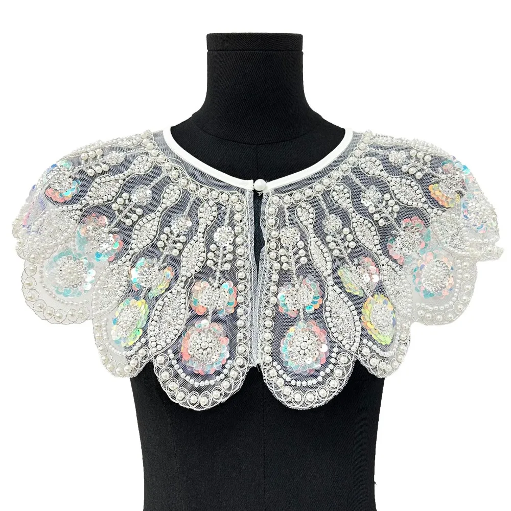

Detachable False Collar Embroidered Pattern Sequined Embellishment Mesh Shawl Collar Openwork Style Lace Texture