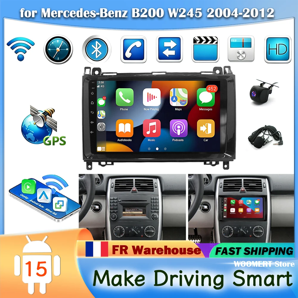 Autoradio 4+64G 9 pollici per Mercedes‑Benz Classe B W245 B200 2004‑2012 con Carplay Android Auto Navigazione GPS Android 15 con Bluetooth Wifi FM/RDS SWC Mirror Link + Telecamera di Retromarcia AHD e