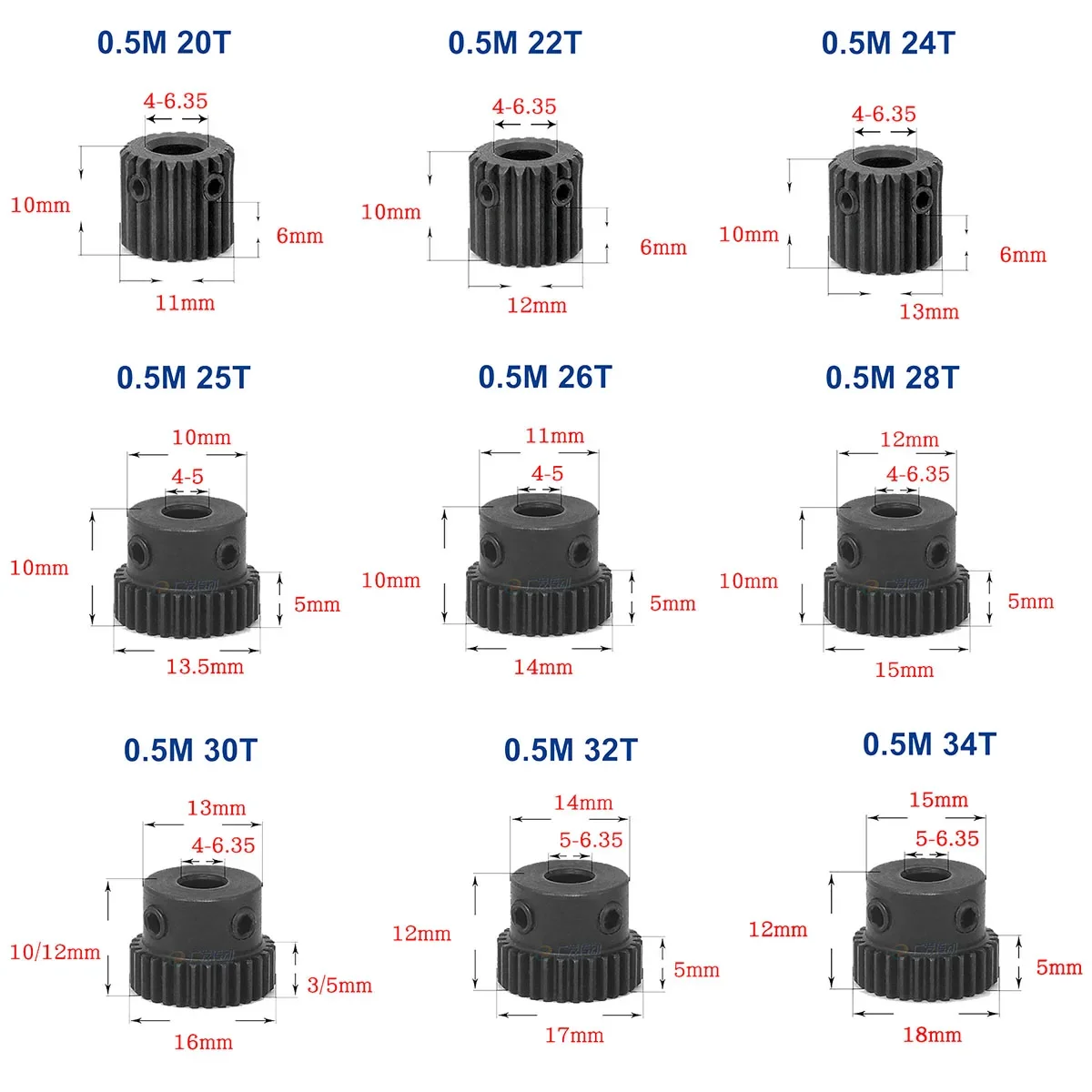 Spur Gear 0.5M 20T - 34T Metal Transmission Gear 45# Steel 0.5 Modulus Pinion Gears Bore 4 5 6 6.35 8mm Surface Blackening