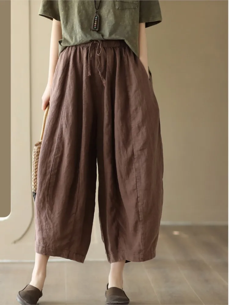 

New Flax Pants Retro Women Spring Summer Simple Loose Casual Trousers 2023 New Drawstring All-match Ankle-Length Pants