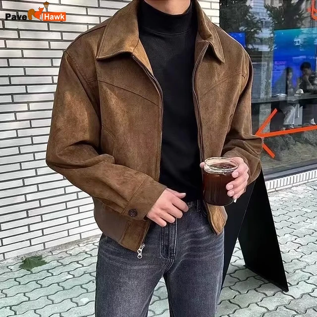 Giacca Vintage in pelle scamosciata marrone da uomo primavera autunno High End Solid allentato con risvolto cerniera giacche corte Vintage Streetwear Bomber Outwear