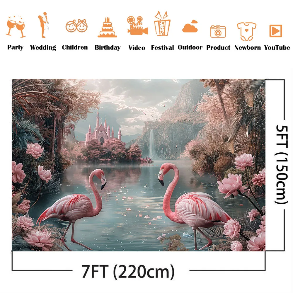 Pink Flamingo Backdrop for Photography Castle Children Kids Portrait Cake Smash Background for Photo Studio Decoration