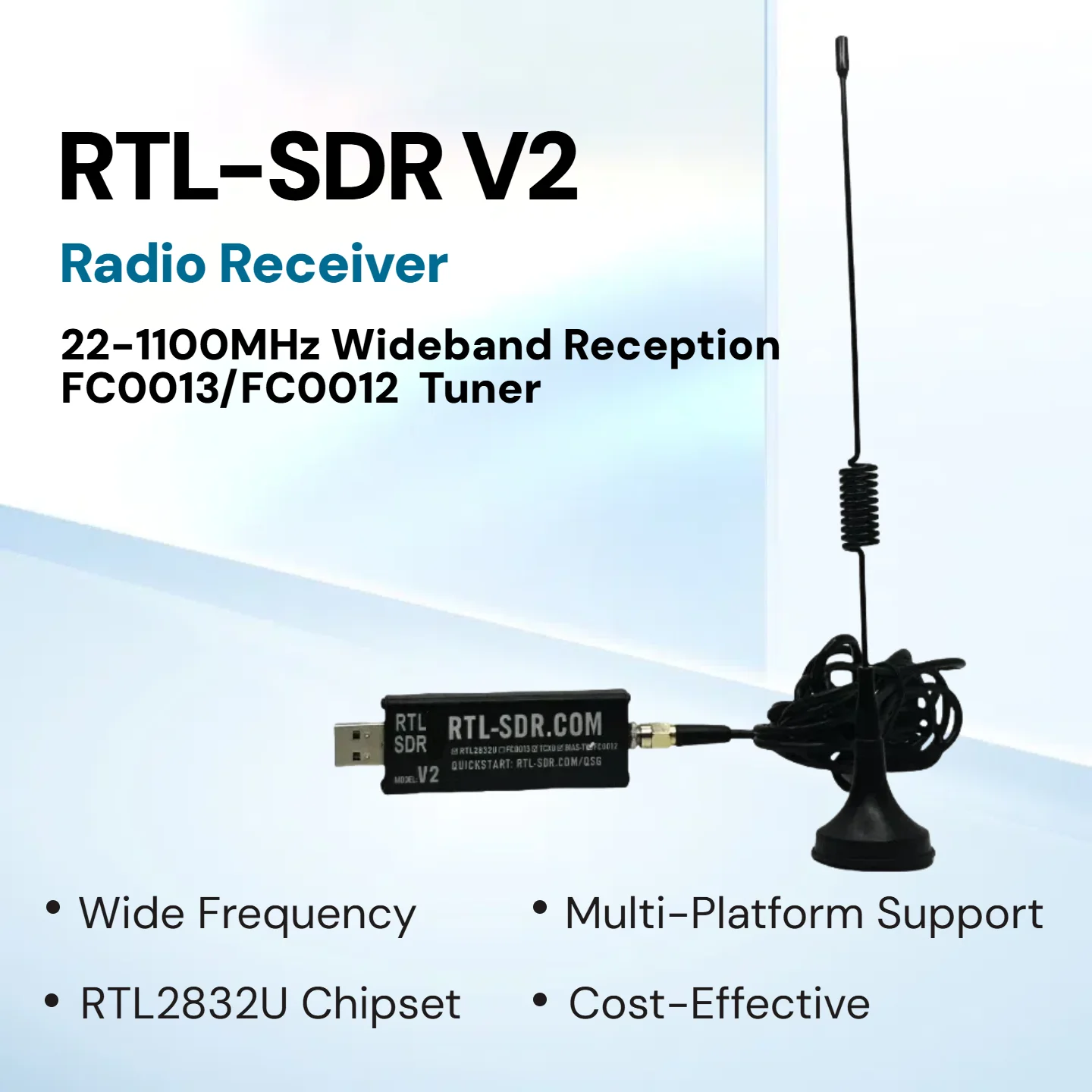 RTL-SDR V2 USB Software Defined Radio Receiver with Antenna, 22-1100MHz, RTL2...