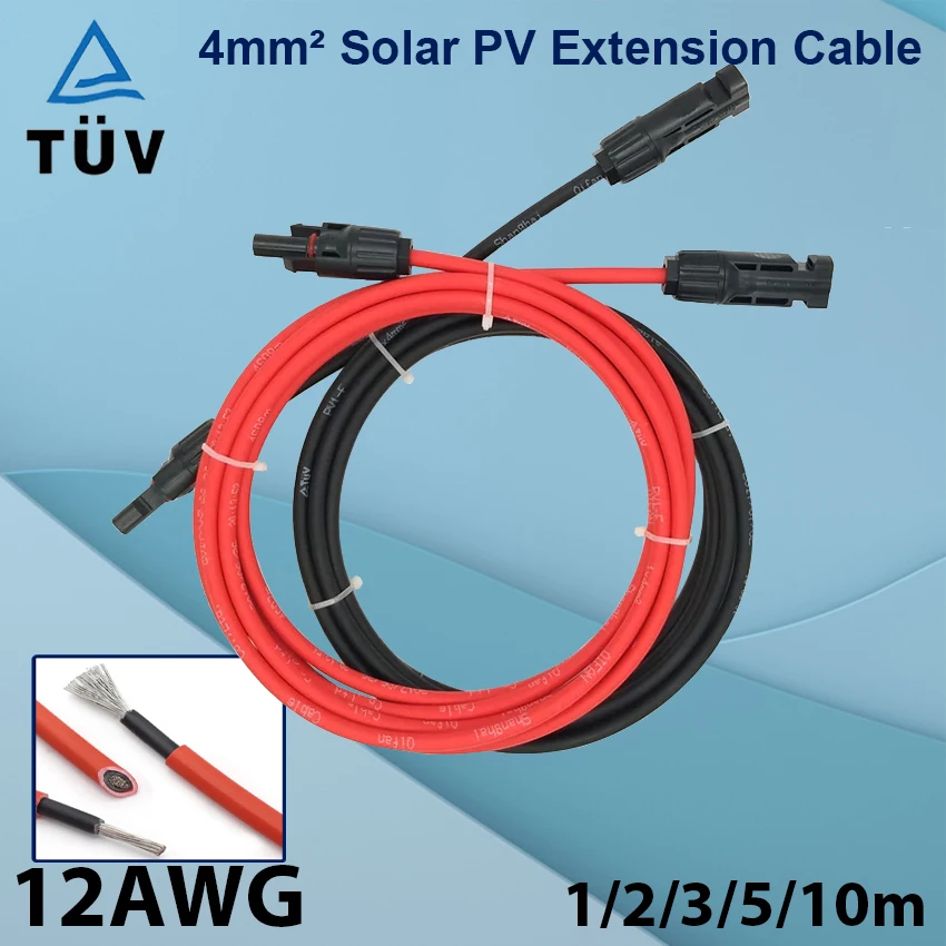Solar PV Extension Cable with MC Connector 4mm2 12AWG Wire PV Photovoltaic Cable TÜV TUV Cable For PV Panels Red Black Jacket