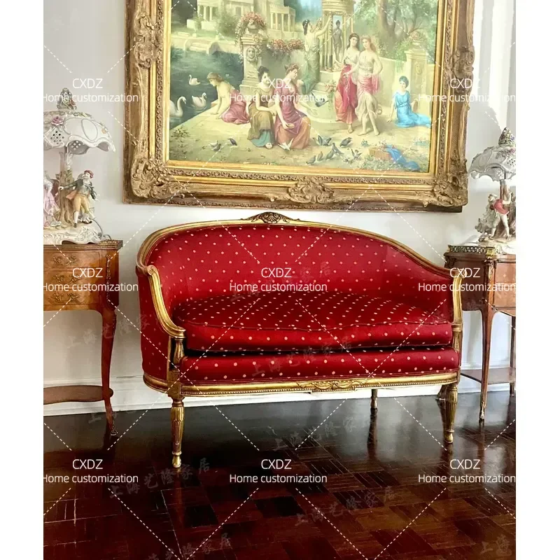 Solid Wood Carved Floral Retro 3 Seater Sofa Old Gold Fabric Neoclassical Light Luxury Leisure Couch for Living Room