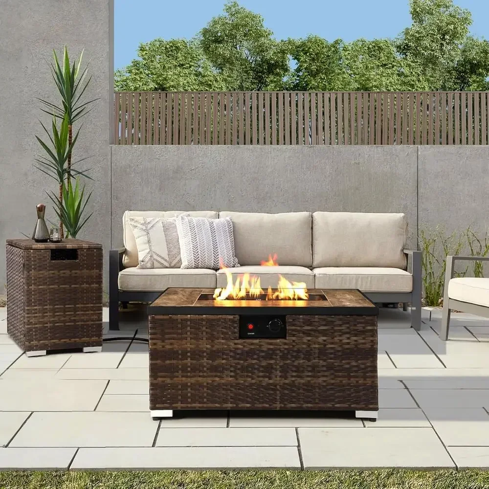 32-inch Handcrafted Rattan Propane Fire Pit Table with Tank Holder and Steel Lid