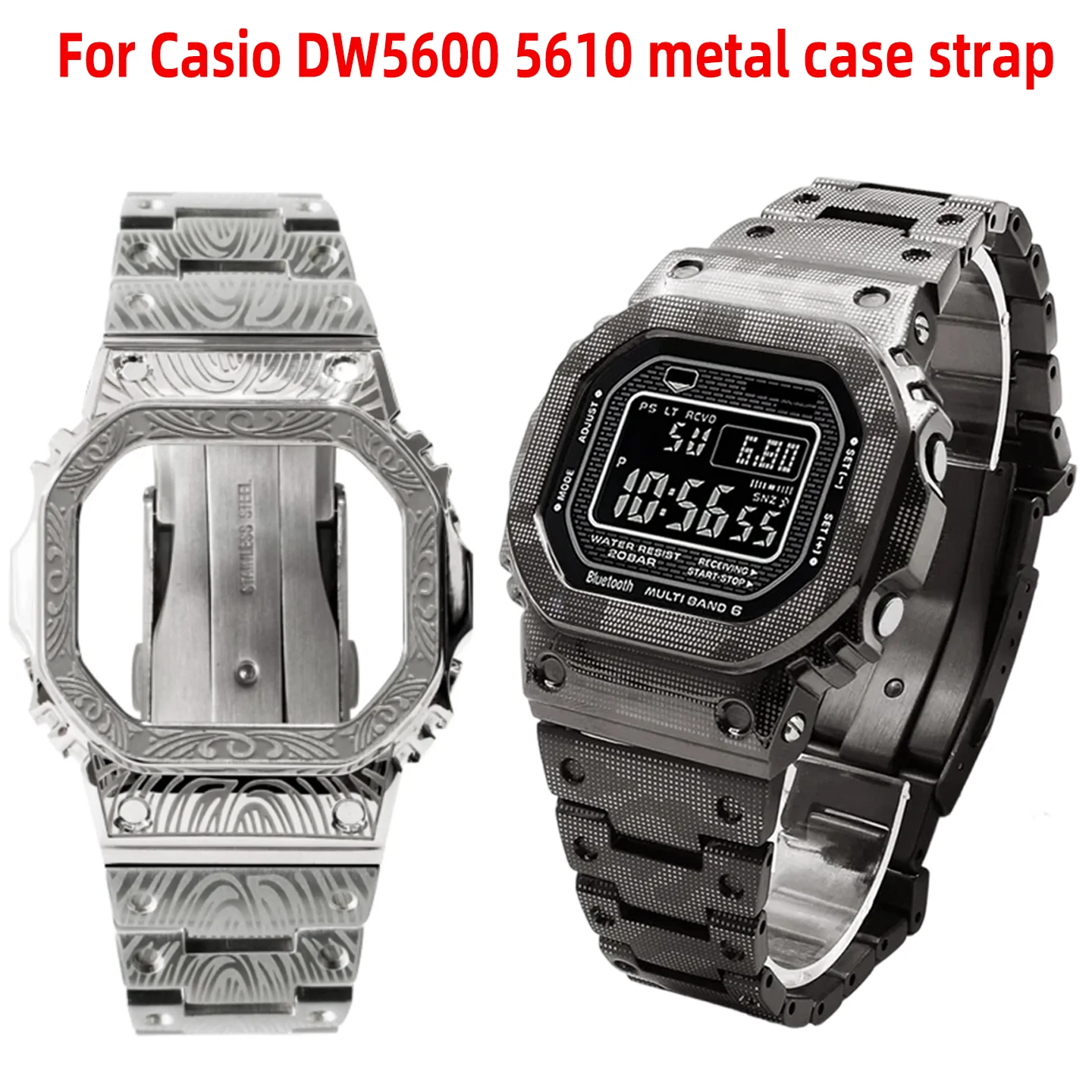 DIY Customization for Casio Watches: Stainless Steel Engraved Case + Band for Casio DW5600 GW-M5610 Metal Camo Case Accessories