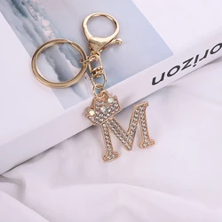 New 26 Letter Crystal Rhinestone Crown Keychain Charm Gold Key Ring Women Bag Ornaments Car Key Holder Accessoreis