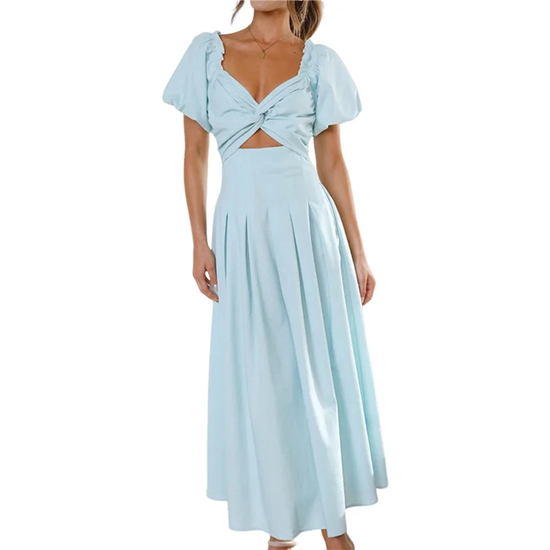 ABRT-Women's Summer Boho Maxi Dress V-Neck Cute Bubble Short Sleeve A-Line Long Dress With Pocket