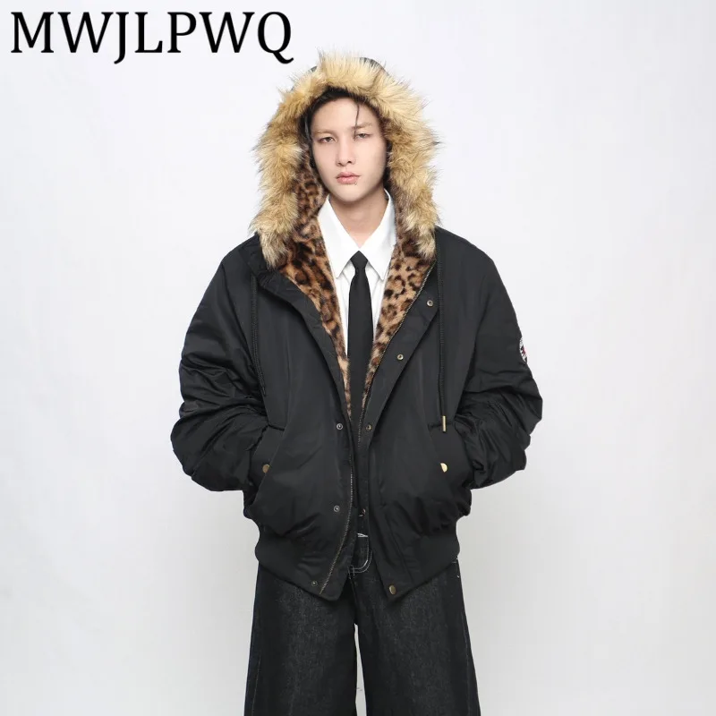 

MWJLPWQ Американский стиль с леопардовым принтом и меховым воротником с капюшоном, стеганое пальто для мужчин и женщин, зимние уличные нишевые топы для пар 21697