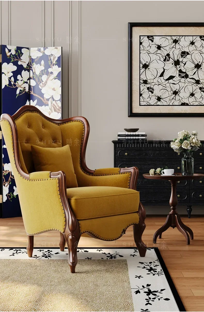 

H1 retro fabric American leisure chair French antique tiger chair high-end solid wood fabric sofa