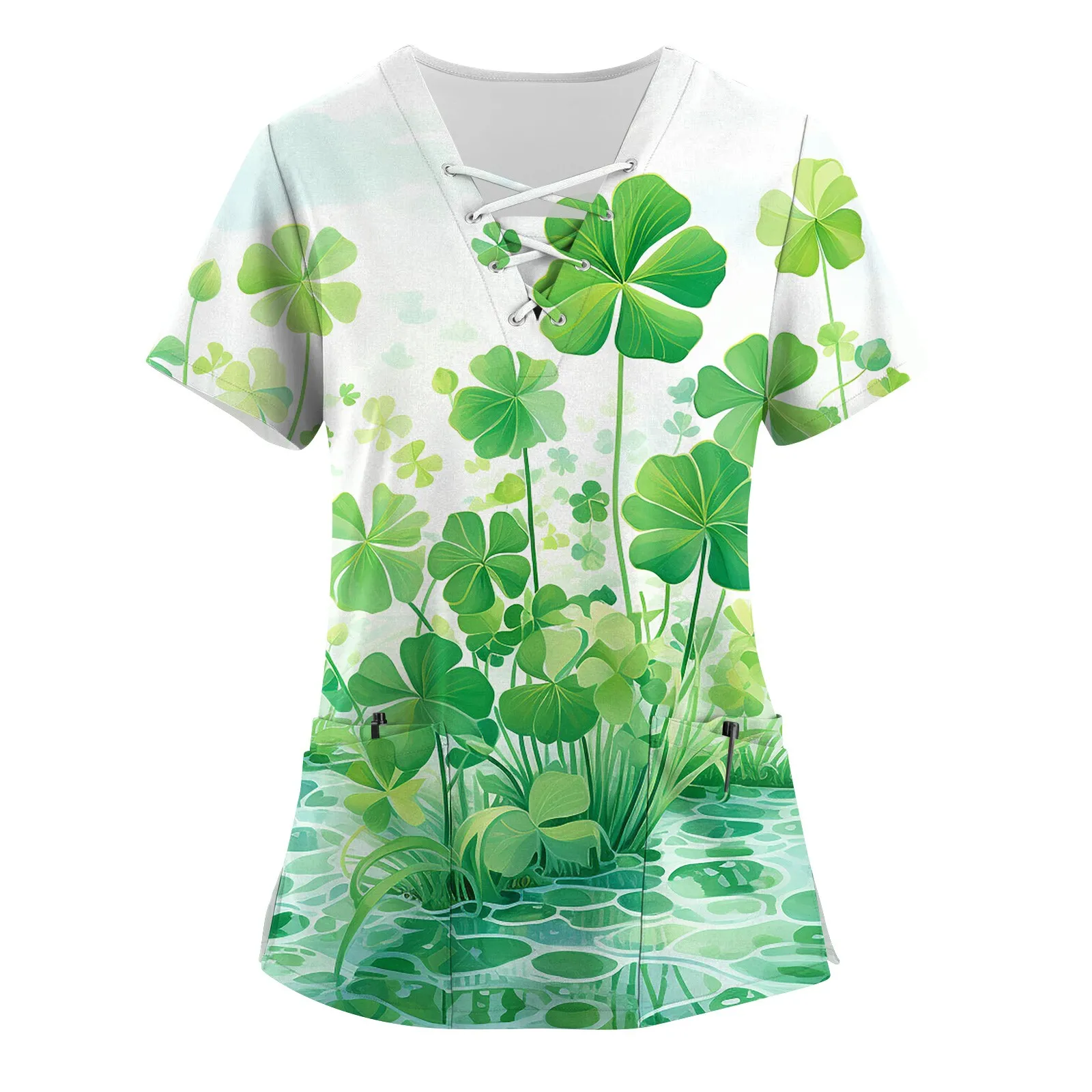 St Patrick Day Scrub Tops Women Love Print Short Sleeve Nurse Uniforms Green Shirt Workwear Scrubs Comfy Medical Scrub Shirts