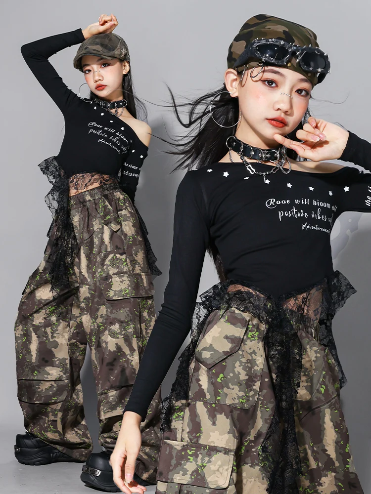 

Kpop Одежда для джазовых танцев для девочек, костюм для выступлений в стиле хип-хоп, черные топы с длинными рукавами, камуфляжные брюки, детская уличная одежда BL18027