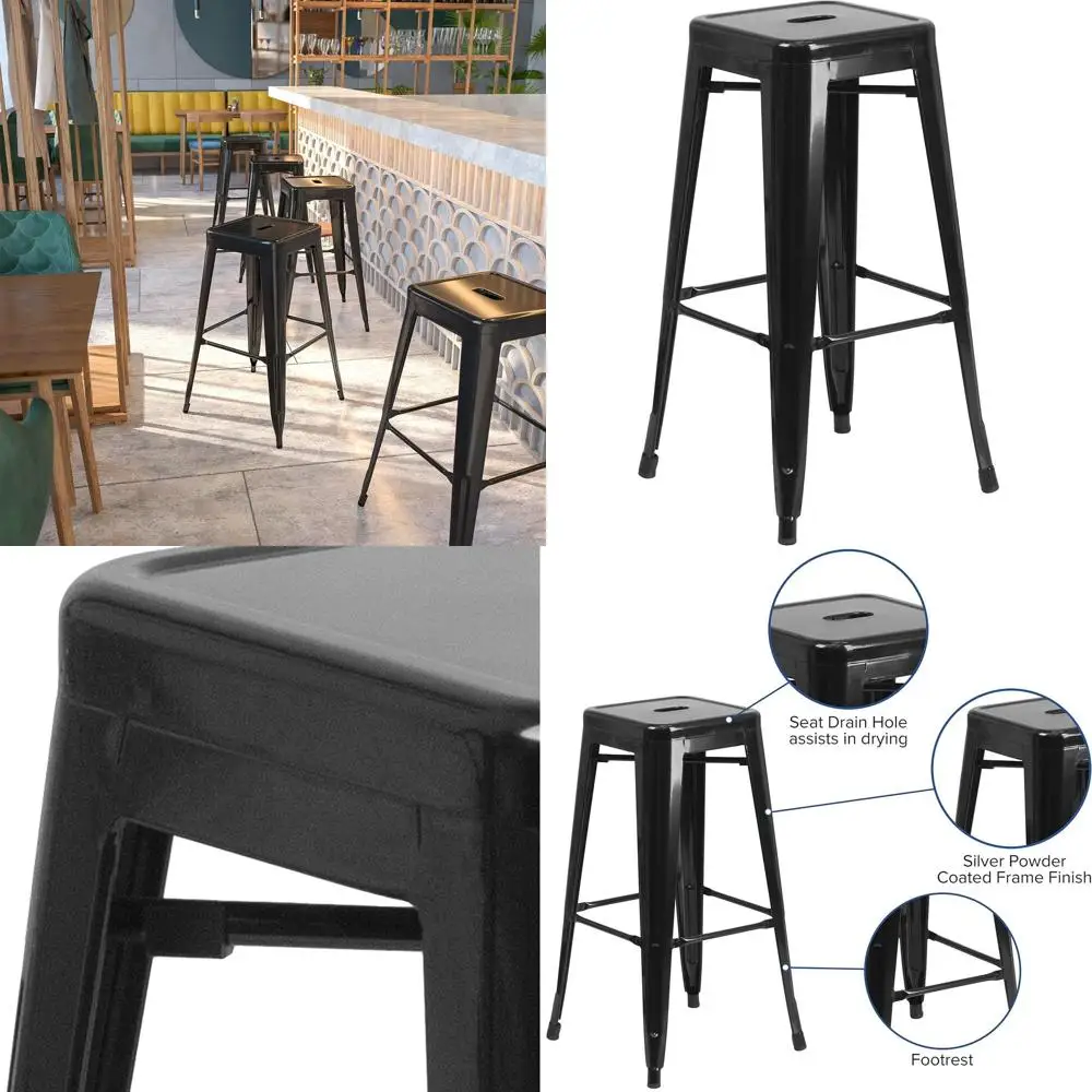 

30 High Metal Indoor/Outdoor Stackable Industrial Square Bar Stool, Black for Patio Bars and Restaurants