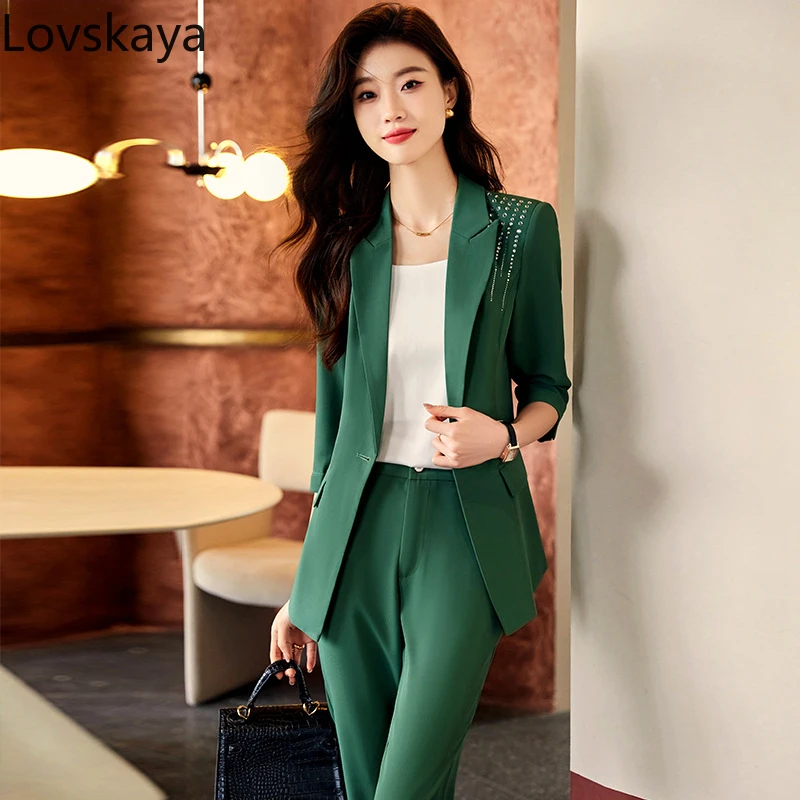 Fashionable temperament new casual three quarter sleeve suit professional  green suit jacket women's summer thin style