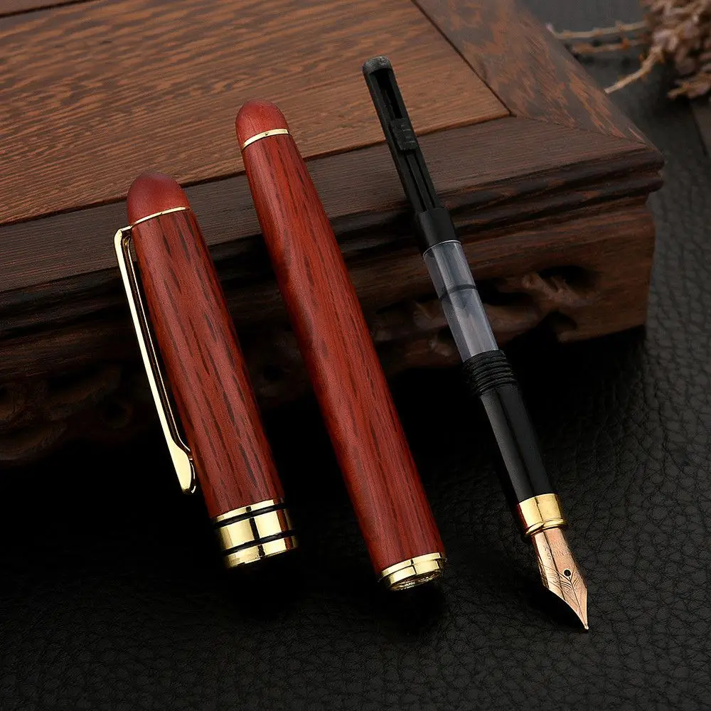 Wooden Smooth Fountain Pens Mahogany Pencil Metal Pen Clip Ink Refills Fine Nib Calligraphy Signature Stroke Stationery