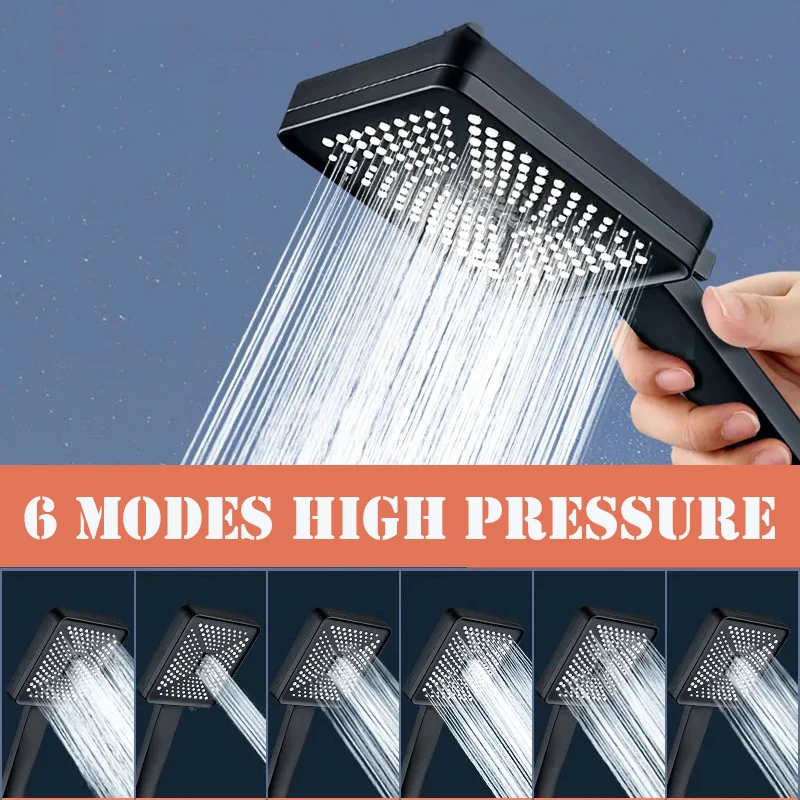 New 6 Modes Square Silver Black Shower Head High Pressure Water Saving Nozzle Massage Multifunction Shower Bathroom Accessories