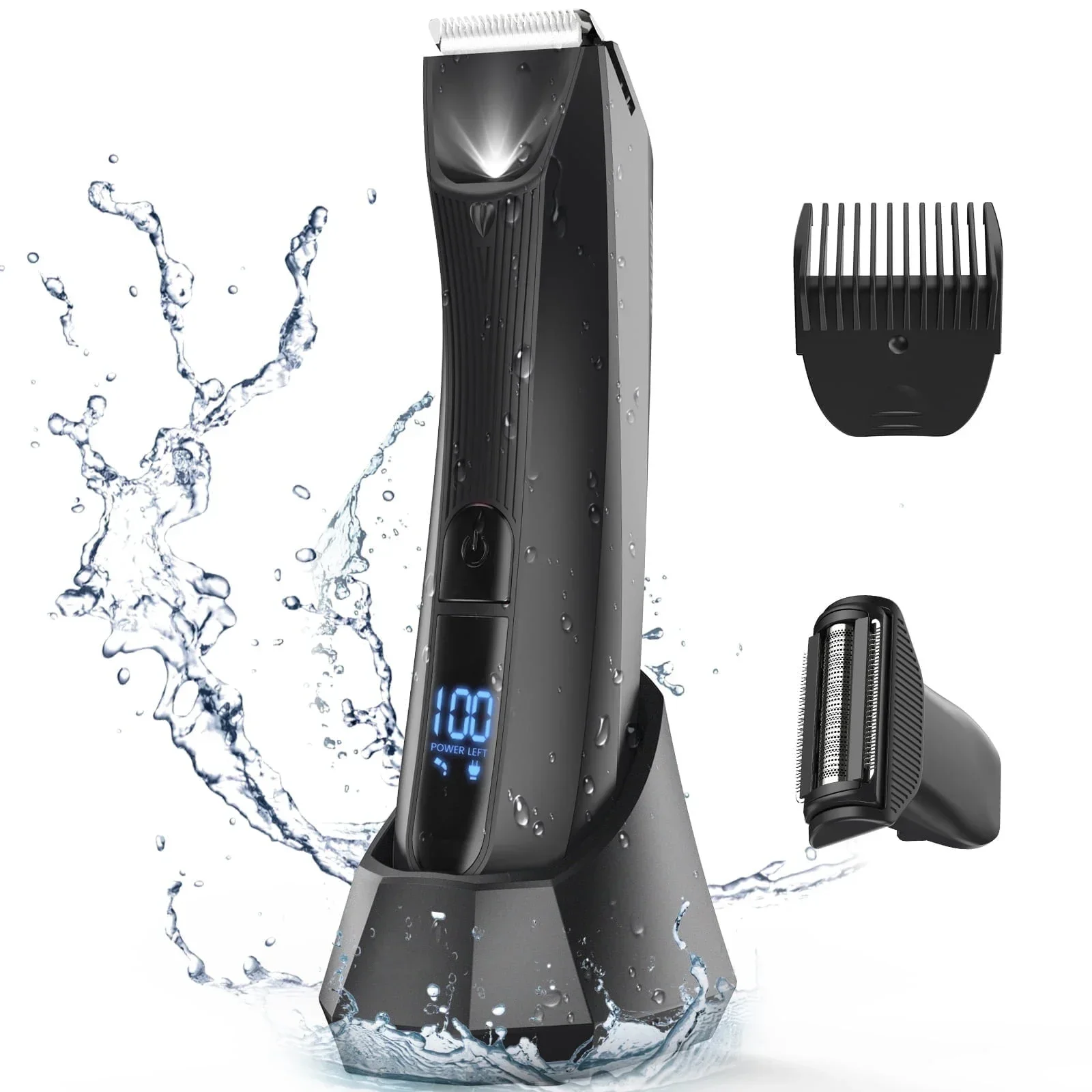 Body Hair Trimmer for Men with Ceramic Blade Wet Dry Mens Ball Trimmer with Standing Recharge Dock Groin Hair Trimmer for Men