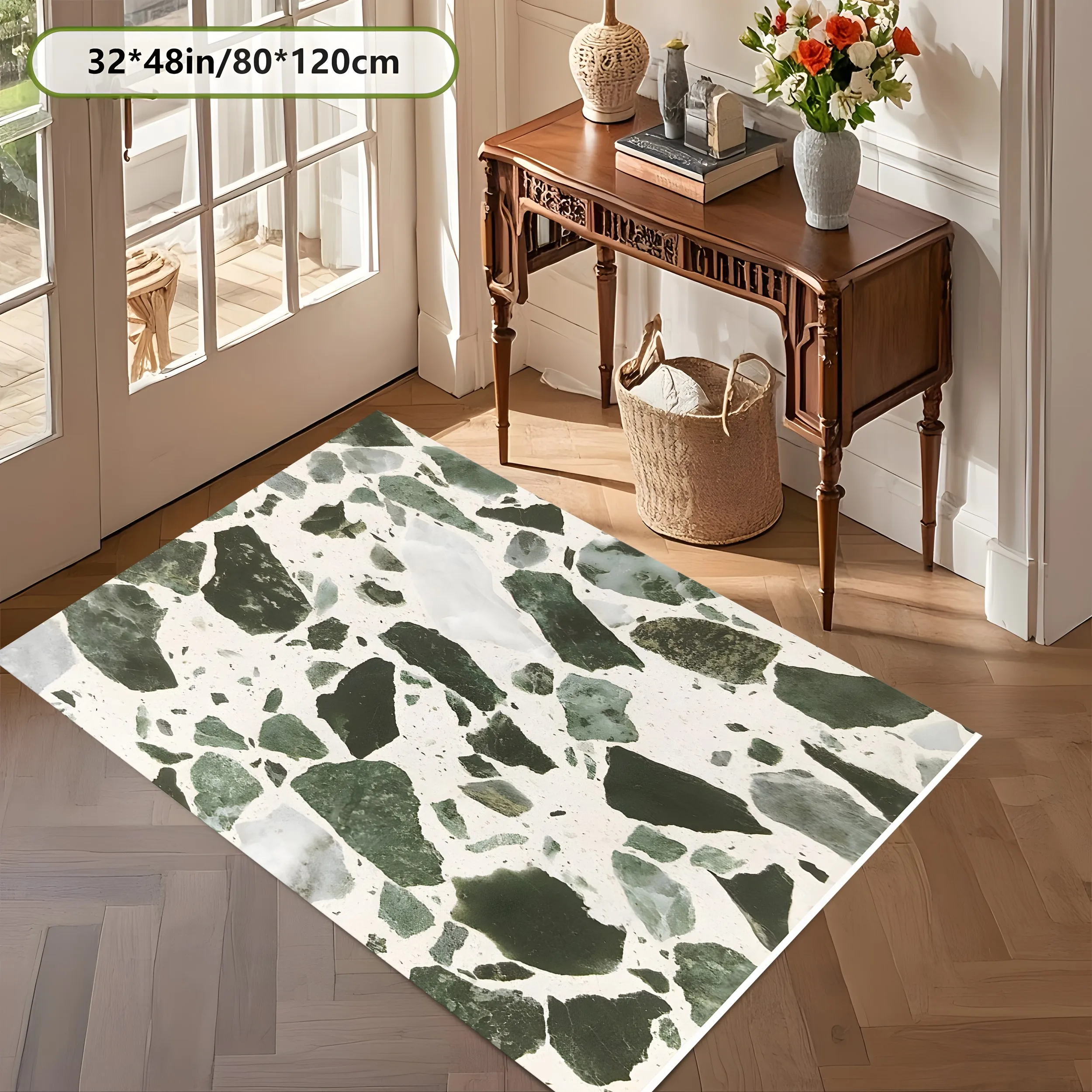 Green Terrazzo Pattern Rug, Modern Minimalist Carpet for Living Room Bedroom, Seasonal Home Decor