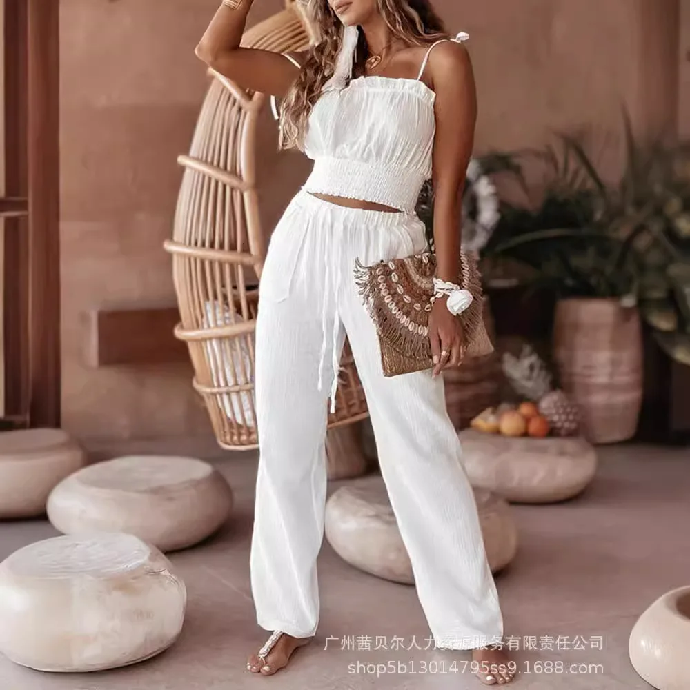 

Women Two Piece Sets Pant Set Short Tops Sling Sleeveless Slim Fit Lace Up Elastic Waist Straight Long Pants Elegant Splice