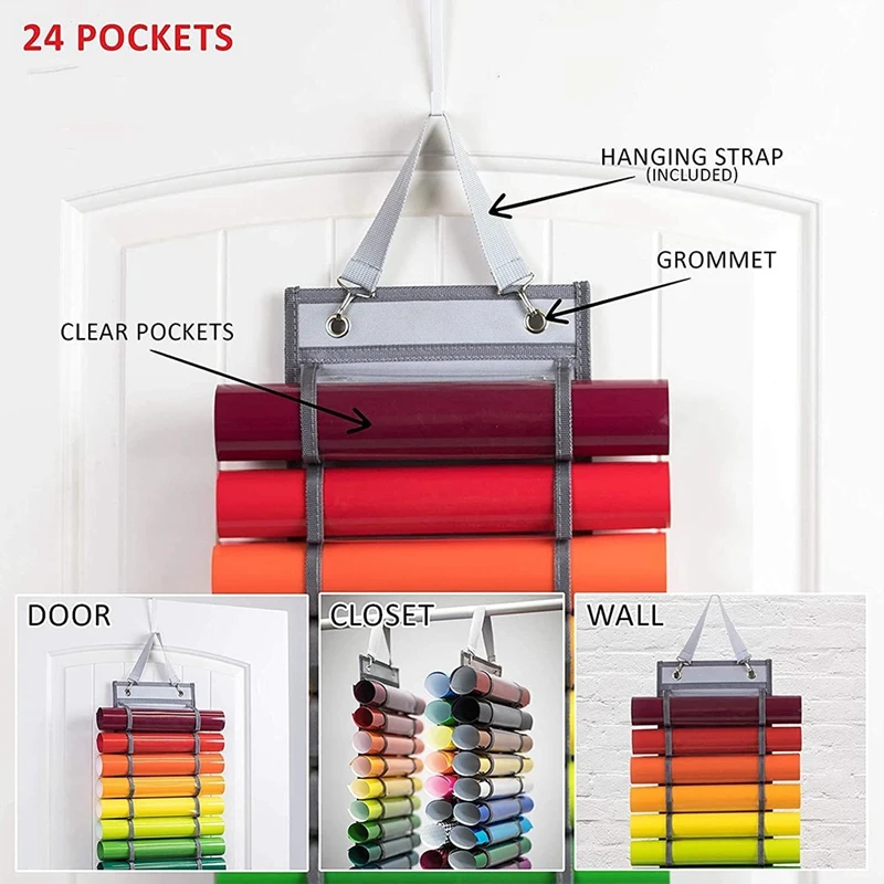 24 Compartments Vinyl Storage Organizer Holder Hanging Bag Crafts Vinyls Roll Storages Rack Hang Pocket Behind Door Room Durable