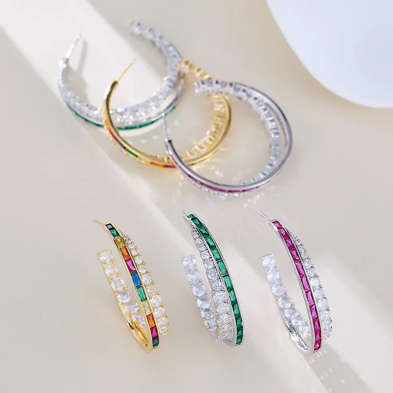 

Luxury Red Blue White Zircon Circle Big Hoops Earring for Women High Quality CZ Women Jewelry Wedding Bride Round C Earrings