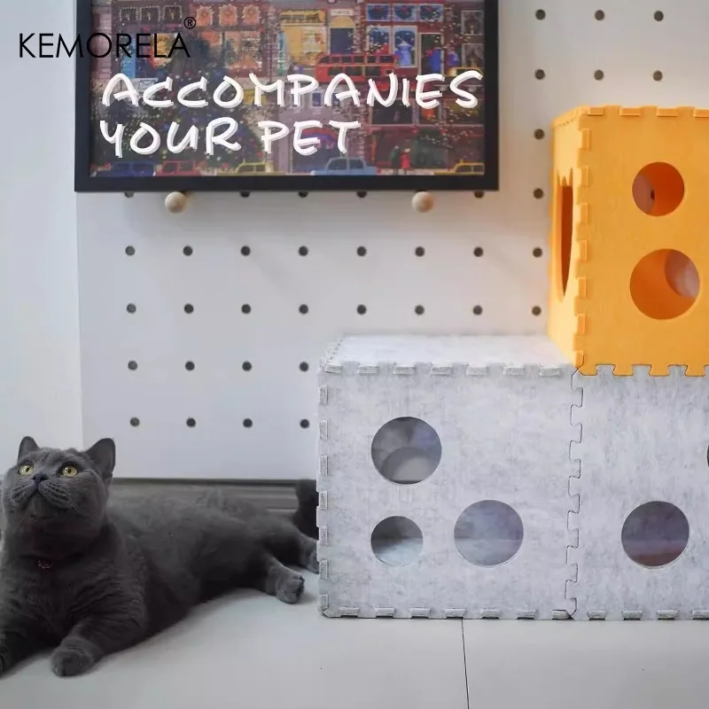 KEMORELA Cat Tunnel Interactive Cat House Foldable Cat Hideout Oversized Felt Cat Scratching Board And Bed Durable Removable