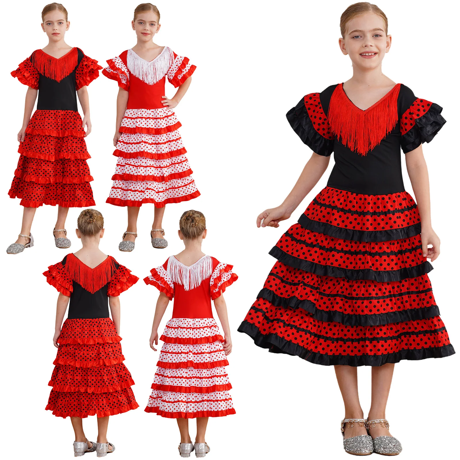 Vestido flamenco espanhol para meninas, saia de salão, estilo cigano, vestidos de dança, fantasias para tourada, roupas festivas, vestido vermelho longo