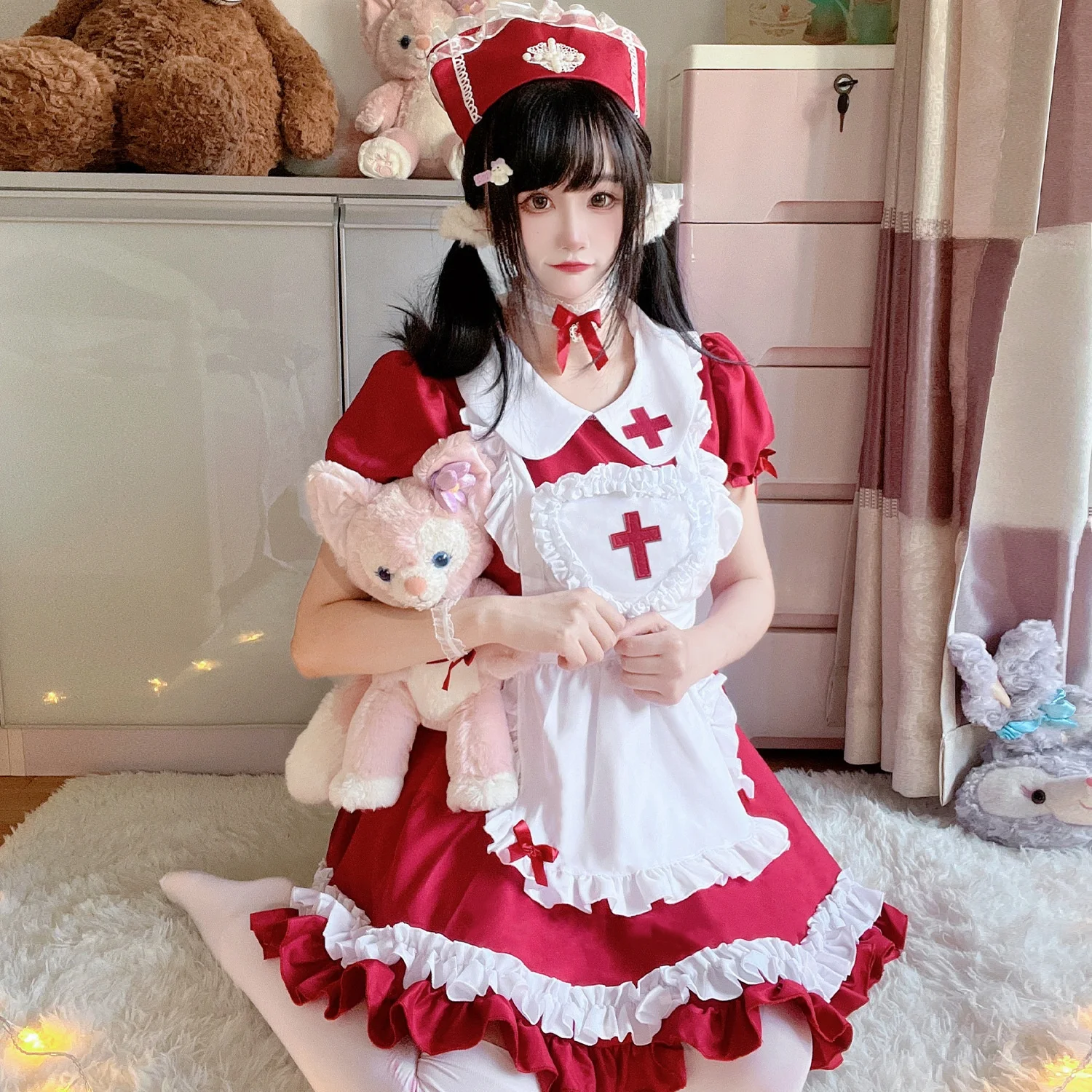 

Halloween Theme Wine Red Cross Maid Costume Women's Dress Soft Girl Lolita Dress Fashionable Ladies' Traditional Chinese Costume