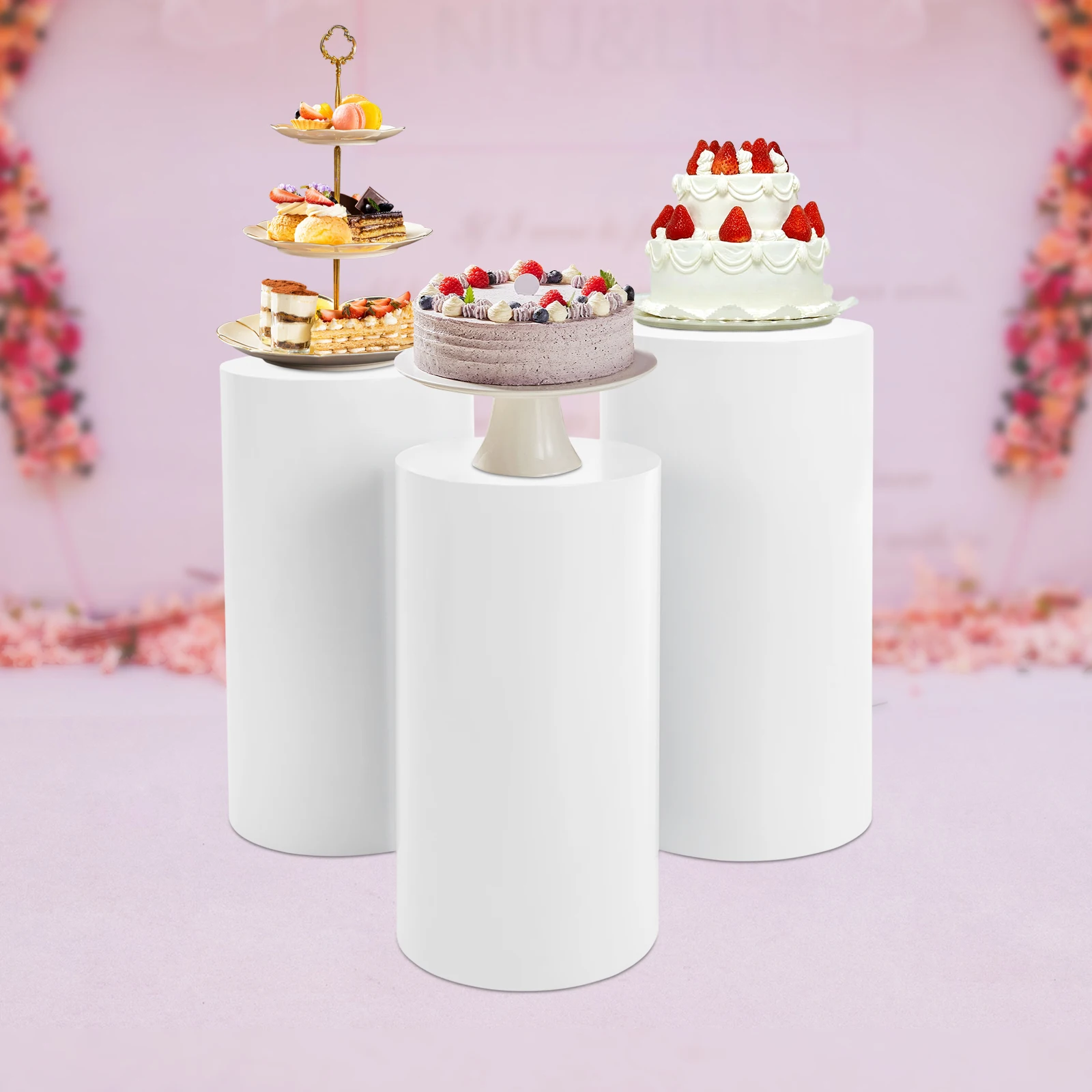 3PCs Cylindrical Display Stands Set White Party Cake Pedestal for Weddings, Birthday Parties, Christmas Parties Decoration