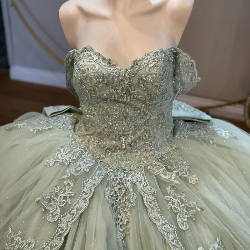 Light Green Princess Quinceanera Dresses Off The Shoulder Lace  Appliques Beads Tull Sweet 16 Ball Gown Vestido De 15 Anos