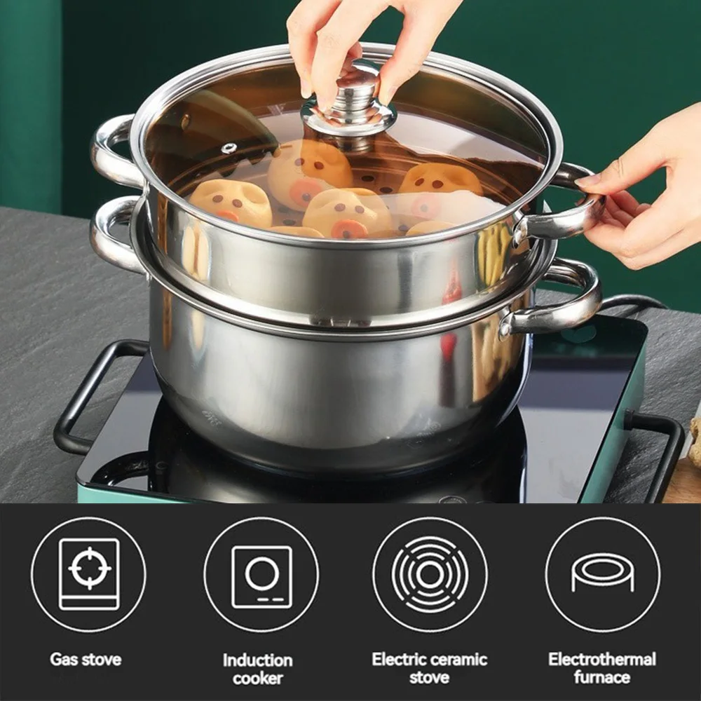 أدوات طبخ مقاومة للحرارة مقاس 9.45 بوصة، قدر بخاري كبير من الفولاذ المقاوم للصدأ وعاء حساء 2 في 1، مناسب للطباخ التعريفي