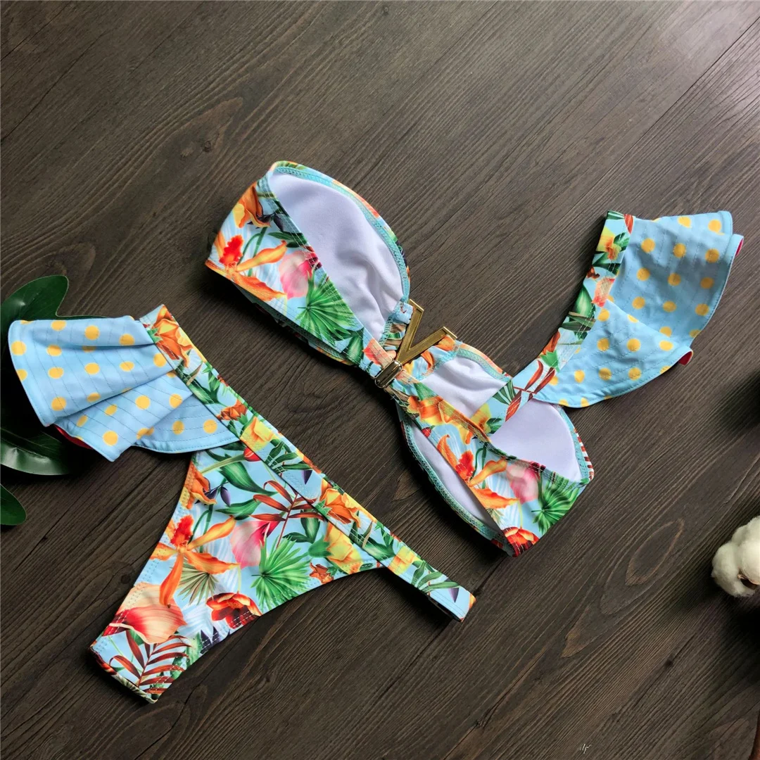 Blumenmuster, einseitiger Bikini, Damen-Badebekleidung, zweiteiliger Bikini-Set, Badeanzug mit Rüschen, Badebekleidung, Badeanzug, Modell V8049. – Detail 6