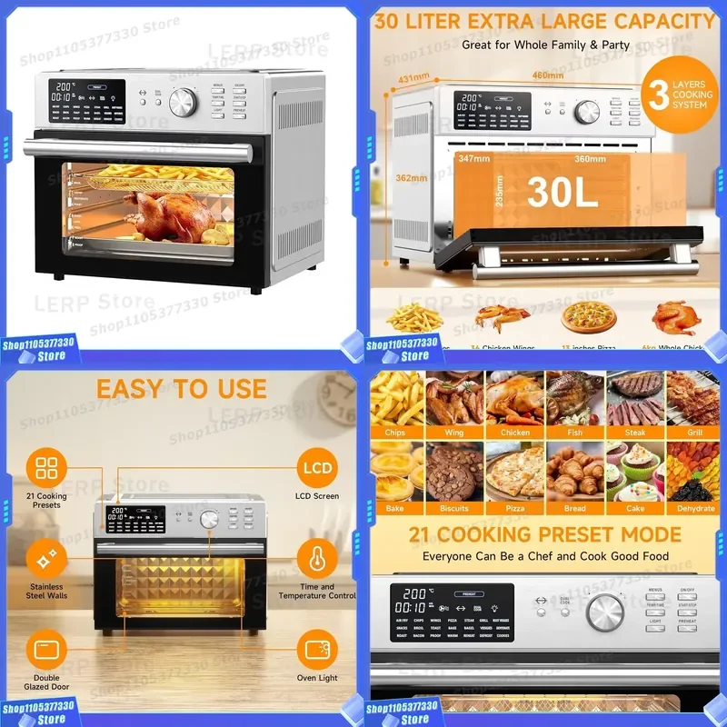 1800W Electric Air Fryer Oven 30L Convection Cooking with Dehydrator BBQ Function 21 Preset Menus and 4 Accessories New