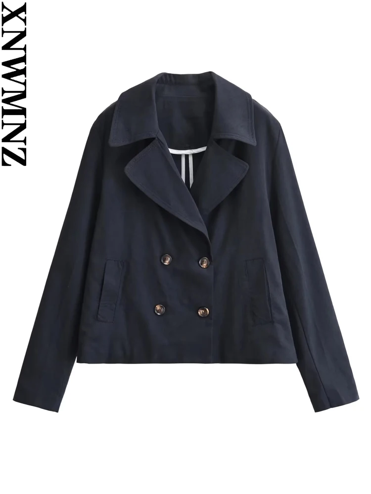 

XNWMNZ 2024 Women's Fashion Double-breasted Short Windbreaker Jacket Lapel Long Sleeves Pocket Trench Coat Female Outerwear