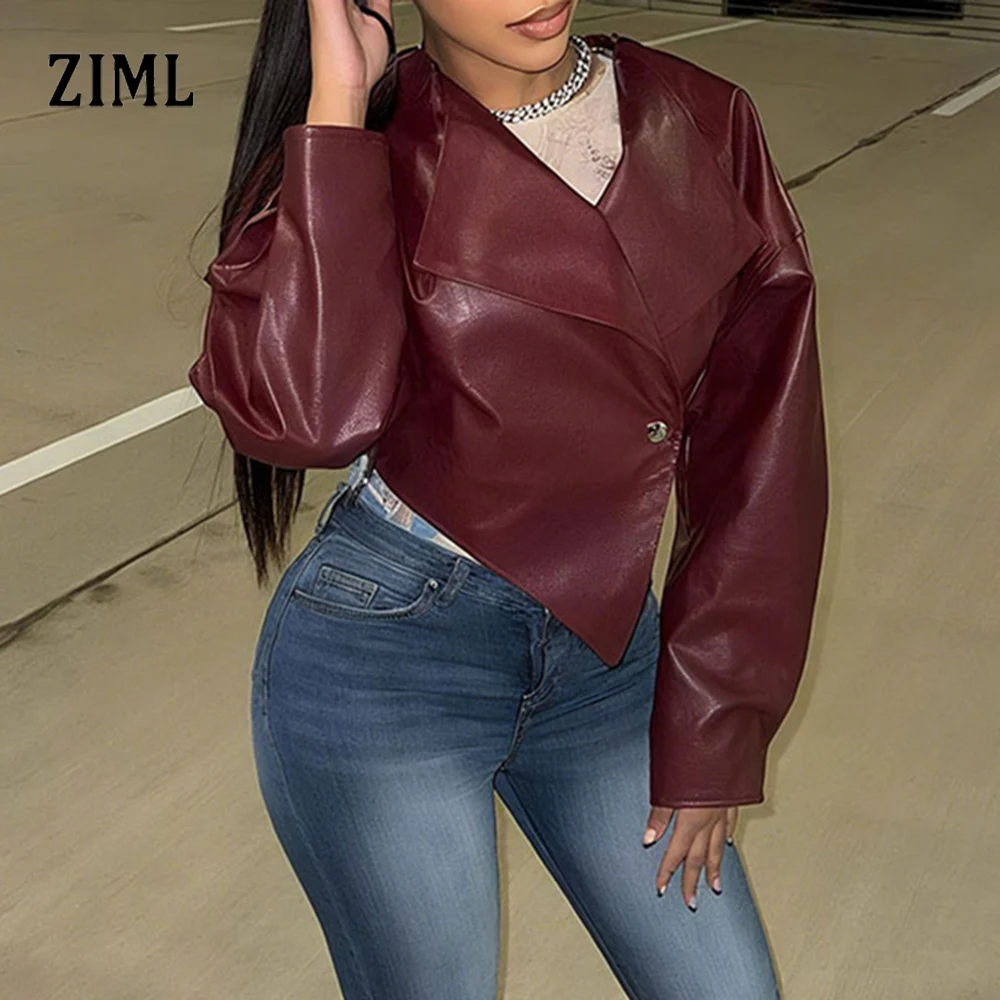 

ZIML Solid Slimming Designer Leather Jackets For Women V Neck Long Sleeve Spliced Button Autumn Casual Coat Female Fashion New