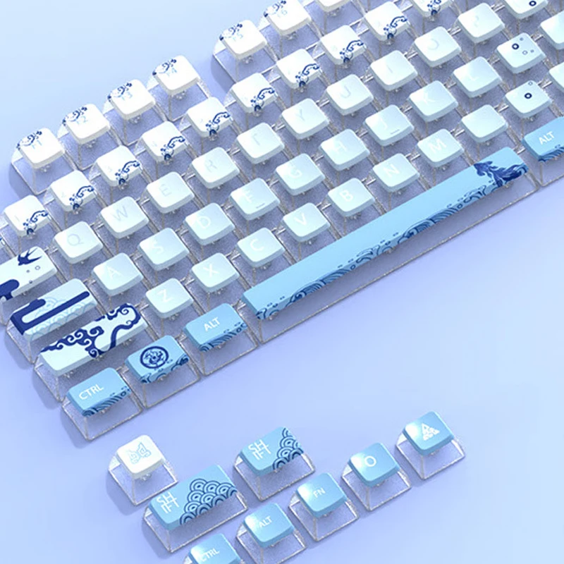 Transparent Blue And White Porcelain Theme Keycaps PBT ASA Profile Gaming Key Caps For Mechanical Keyboard Accessories